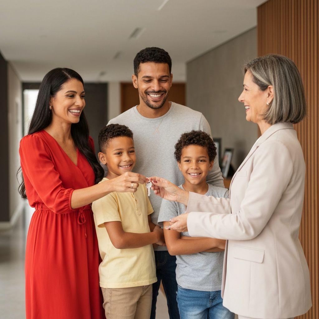 Família recebendo chaves do novo imóvel